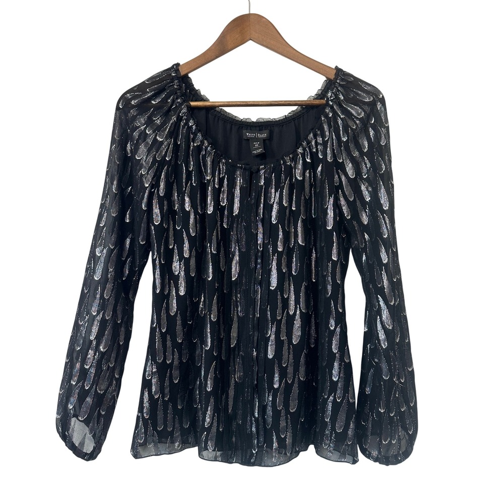 White House Black Market Silk Metallic Teardrop Blouse Blck Silver XS Whimsigoth